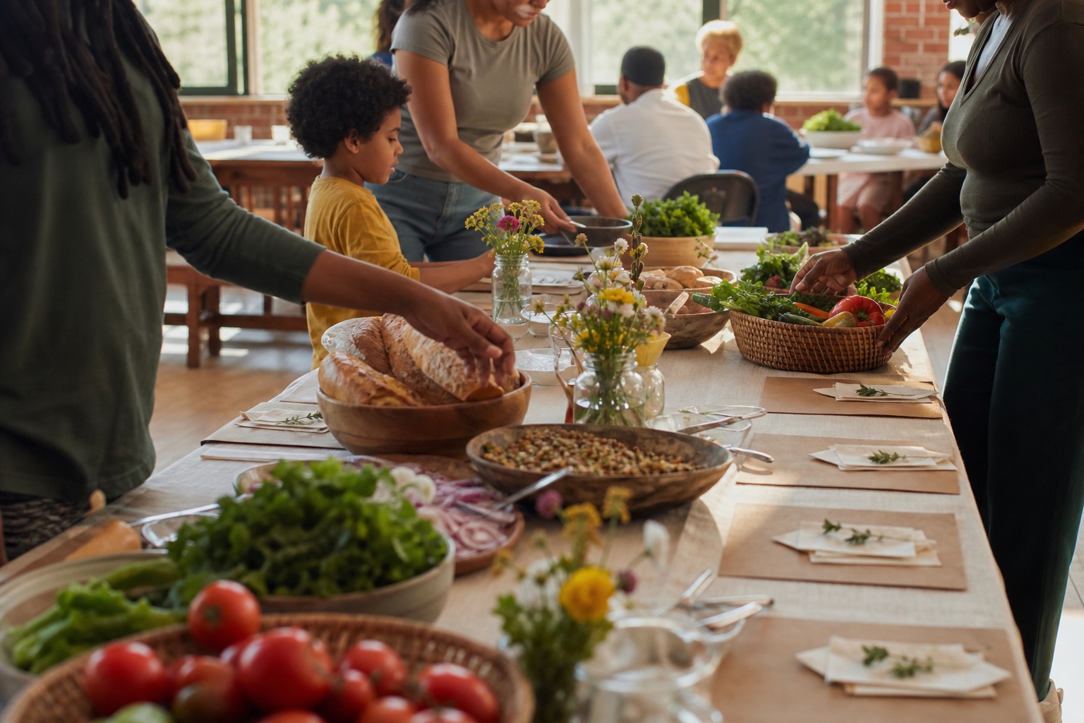 Neighbors preparing a table with bread, vegetables, and shared dishes.