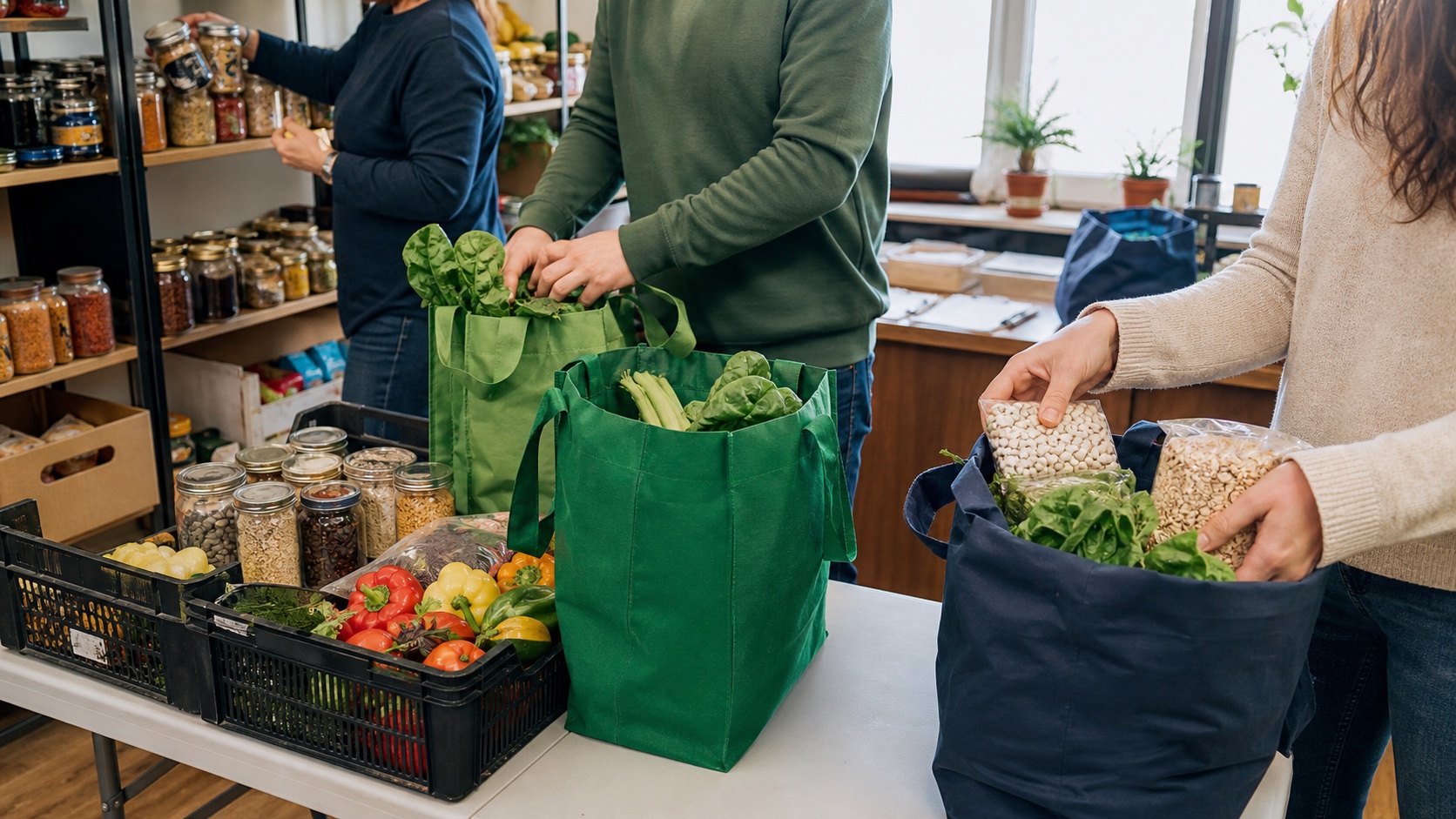 Reusable bags being packed with vegetables, rice, beans, and pantry staples.